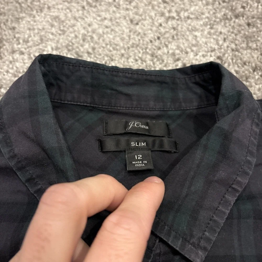 J Crew Black Watch Tartan Slim Stretch Shirt size 12 Midnight Emerald K3729
